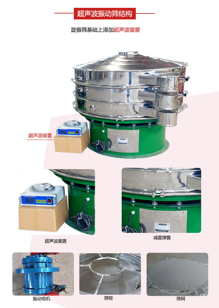 圓篩機內(nèi)部結(jié)構(gòu)：主要由振動電機、篩框、篩網(wǎng)、超聲波系統(tǒng)、減震彈簧等展示圖