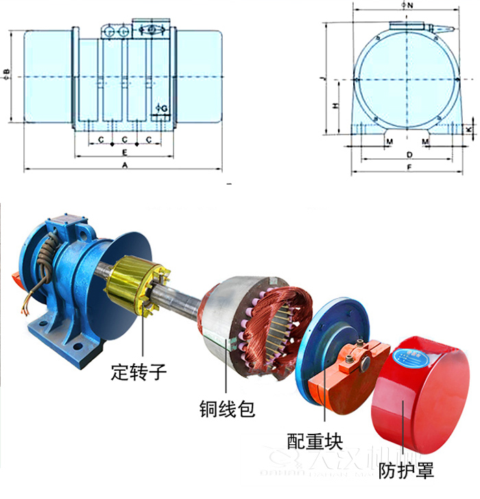 YZS振動電機(jī)內(nèi)部主要部件：定轉(zhuǎn)子，銅線包，配重塊，防護(hù)罩。