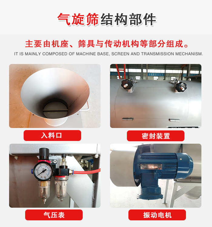 氣旋篩結(jié)構(gòu)：入料口，密封裝置，電機(jī)，氣壓表等