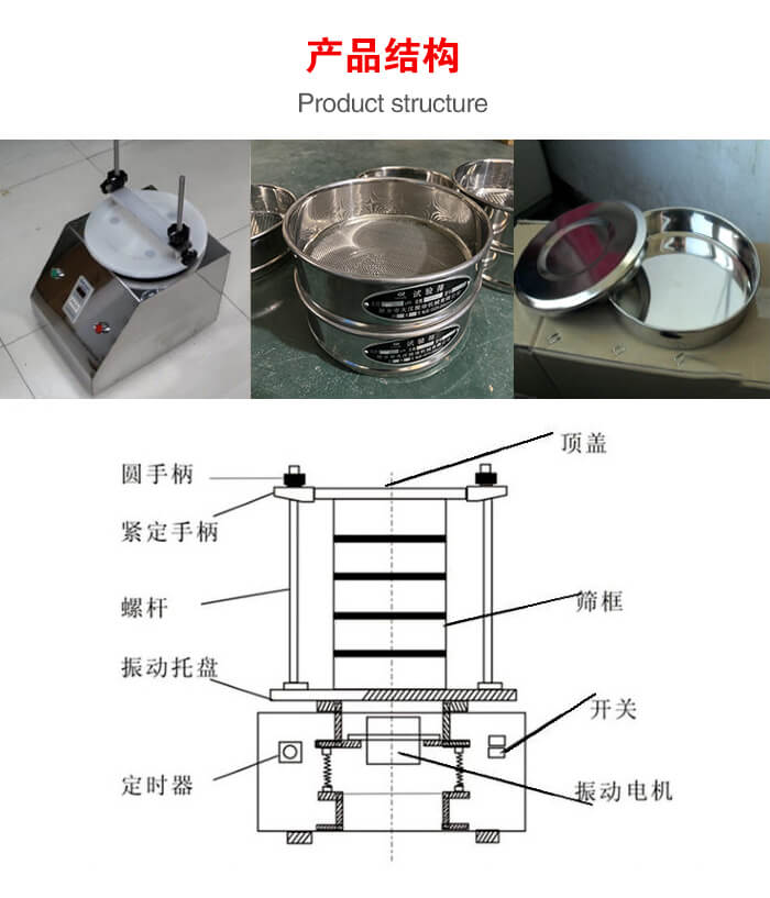 實驗室振動篩-試驗篩結構主要由：圓手柄，緊定手柄，螺桿，振動托盤，篩框，頂蓋等。